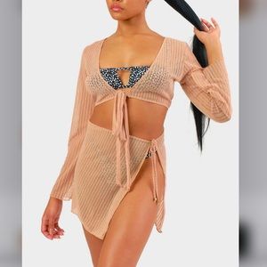 Nude two piece sheer tie swim cover up
